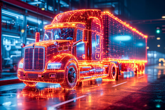 Neon outline truck. Illustration with holographic cargo truck vehicle