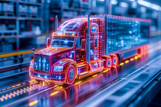 Neon outline truck. Illustration with holographic cargo truck vehicle