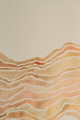 Gold nacre glitter ink watercolor wave line stain blot on beige grain paper texture background.