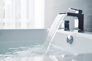 Faucet with clear flowing water into a white bathtub, modern bathroom interior
