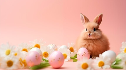 Fototapeta premium Cute little bunny and easter eggs and pink flowers on pastel peach background with place for text. Happy easter card.