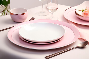 Beautiful table setting for a festive dinner with pink dishes in pastel colors with flowers and decorations in living room.