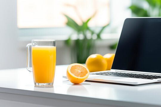 work desk near the window with a laptop and a glass of orange juice, plant and other items. Morning light. Work at home.