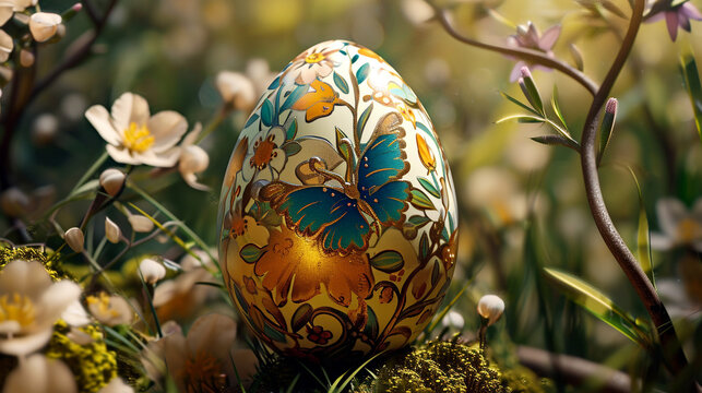 The Faberge Egg, from the outside, is a tapestry of natural wonders. Delicate flowers, bright butterflies, and golden vines intertwine. Natural paints and colors.