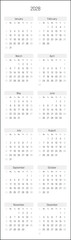 Monthly calendar of year 2028. Week starts on Sunday. Block of months in two columns vertical arrangement. Simple thin minimalist design. Vector illustration.