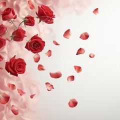 Flying petals and red roses on a white background with copy space concept for wedding, Valentine's day