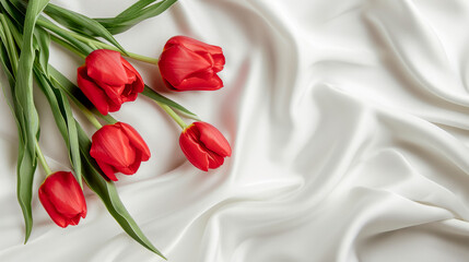 Red spring tulip flowers flat lay over white silk fabric background. Copy space. View from above.