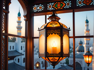 Luminous Elegance: Close-Up of a Vibrantly Decorated Lantern Adorning a Window with Islamic Motifs. generative AI