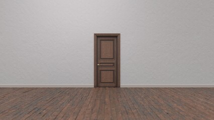 Closed wooden door in a bright room.