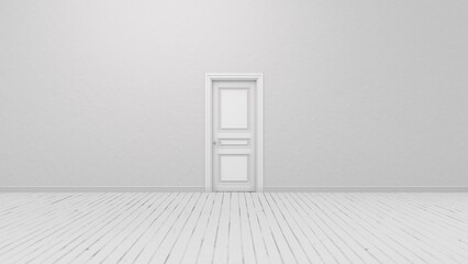 Closed white door in a bright room.