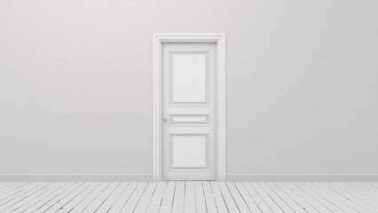 Closed white door in a bright room.