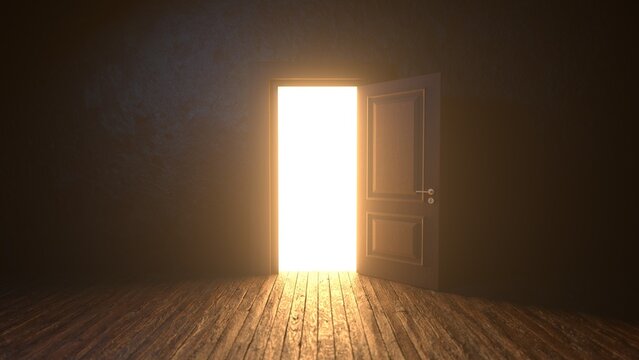 Light shines from door opening in dark room