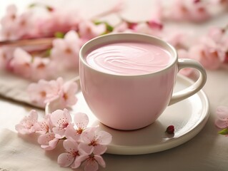 a cup of white chocolate latte pink with cherry blossom flower branch in dreamlike atmosphere, spring beverage theme, generative Ai - obrazy, fototapety, plakaty