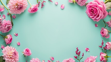 A creative composition of pink roses and dahlia flowers arranged around the edges of a pastel turquoise background, leaving space in the center for text or other elements.