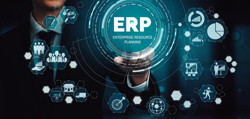 Enterprise Resource Management ERP software system for business resources plan presented in modern...