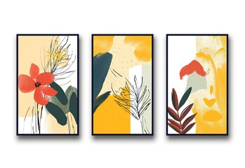 three boho tropical plant and flower artwork picture frame collection set on wall, minimal style home wall hanging decor, mockup idea, Generative Ai