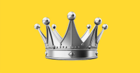 Black and white vintage crown in halftone effect. Elements for collage. Dadaism style. Vector trendy illustration from 3d on yellow background.