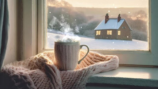 Atmosphere holiday festive a creating, cottage countryside English an in window a near blanket knitted a and mug coffee or tea of cup warm a home cozy and calm evening, holidays winter	
