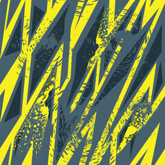 Abstract seamless pattern for girls and boys. Textured grunge urban wallpaper in yellow, black and grey colors with geometric line, triangles, ink, shape dots elements. Background for sport clothes.