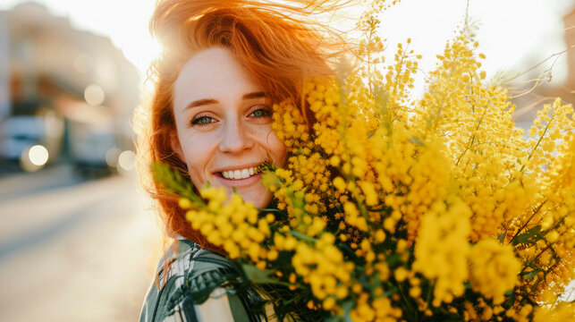 Young cheerful smiling red hair woman holding big bunch of spring mimosa yellow flowers looking at camera standing on street 