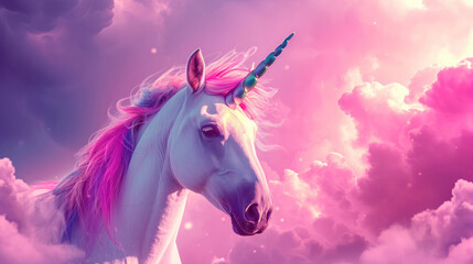 Obraz na płótnie Canvas Mystical Unicorn with a Colorful Mane Against a Dreamy Pink Sky, Fantasy and Magic Concept