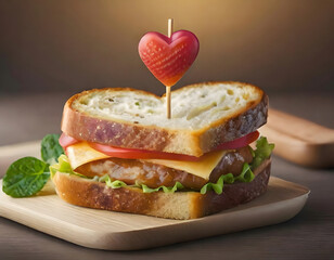 A heart-shaped sandwich with a red heart-shaped toothpick, love and valentine's day concept