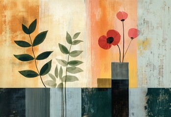 abstract boho plant with grungy brush texture background,  fashionable wallpaper, Generative Ai