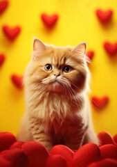 Portrait of a cute ginger cat surrounded by red hearts