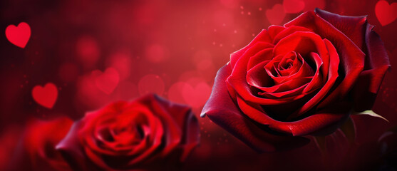 Red roses and hearts isolated on red bokeh background
