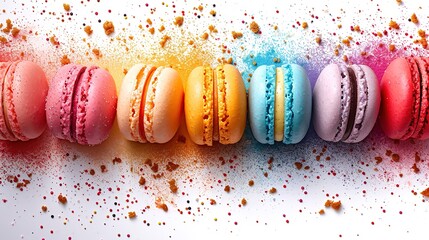 Sweet macaroons macarons with crumbs falling flying isolated on white background.