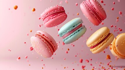 Sweet macaroons macarons with crumbs falling flying isolated on pink background.