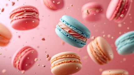 Sweet macaroons macarons with crumbs falling flying isolated on pink background.