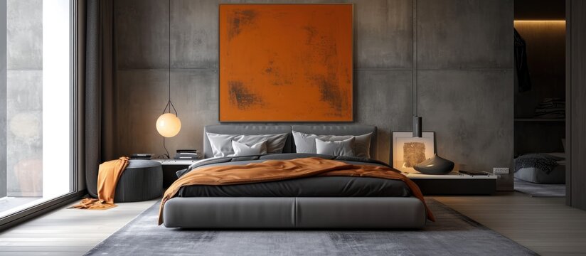 Real photo of a sophisticated bedroom with a king size bed and minimalist decor that includes grey and orange accents and a painting on the concrete wall.