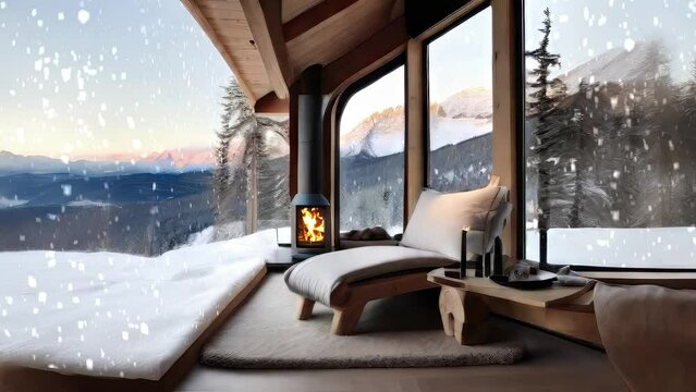  A winter cabin in the mountains, with a cozy fireplace, offers a picturesque view of gently falling snow through its window.

