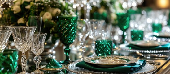 Fototapeta na wymiar Stunning emerald table setting for celebrations like weddings or parties.