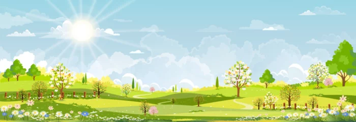 Poster Nature Spring landscape village,Country house,Green Field with Cloud, Blue Sky,Vector horizon Natural rural Countryside with forest tree,Mountains in Sunny day,Cartoon Vector for Spring, Summer banner © Anchalee
