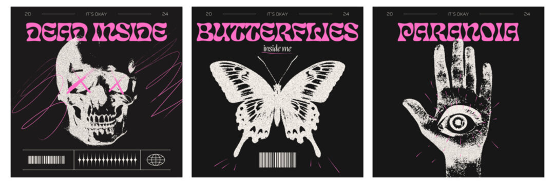 Trendy grunge posters set with retro photocopy elements. Skull, butterfly, psychedelic hand.  Y2k gothic style. Vector modern design.