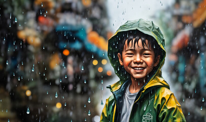 Ein Junge hat Spaß und steht im Regen, die Tropfen Wasser durchnässen ihn und er genießt die feuchte Abkühlung lächelnd wie eine Dusche - obrazy, fototapety, plakaty
