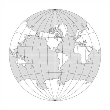 Simplified Map of World in the circle focused on Americas. Latitude and longitude grid. Van der Grinten projection. Thin black line wireframe vector illustration
