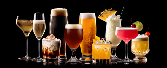 Set and collection of classic alcohol cocktails or mocktail isolated on black background with fresh...