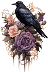 Idyllic watercolor and ink clipart of dark victorian gothic rose flowers and a black raven with gold accents, isolated on a white background, dark moody colors - obrazy, fototapety, plakaty