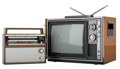 Retro old TV set with FM radio receiver. Broadcasting concept. 3D rendering isolated on transparent background