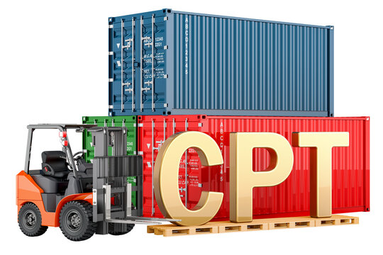 CPT concept. Forklift truck with cargo containers, 3D rendering isolated on transparent background