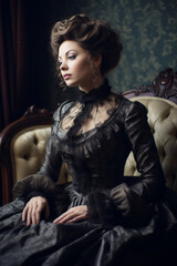 Elegant Victorian Woman in Vintage Dress Posing Thoughtfully