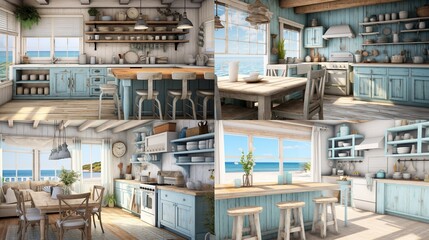 A beachfront cottage kitchen with coastal blues, weathered wood, and seashell decor