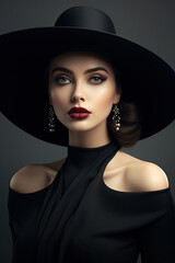 Sophisticated Fashion Portrait of a Young Woman with a Stylish Wide-Brimmed Hat and Elegant Earrings