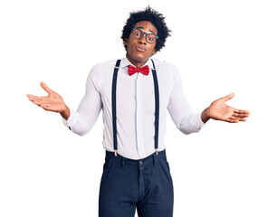 Handsome african american man with afro hair wearing hipster elegant look clueless and confused...