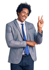 Handsome african american man with afro hair wearing business jacket smiling with happy face...