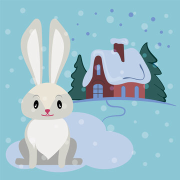 A vector image. Children's illustration of forest animals. A tiny hare.