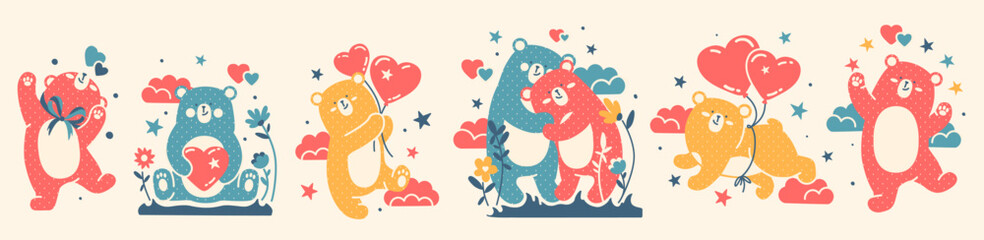 Large Doodle vector collection of funny, cute bears and hearts. Love, happiness concept for Valentine's Day, 14 February. Naive flat illustration. Hand drawn Scandinavian style. - obrazy, fototapety, plakaty